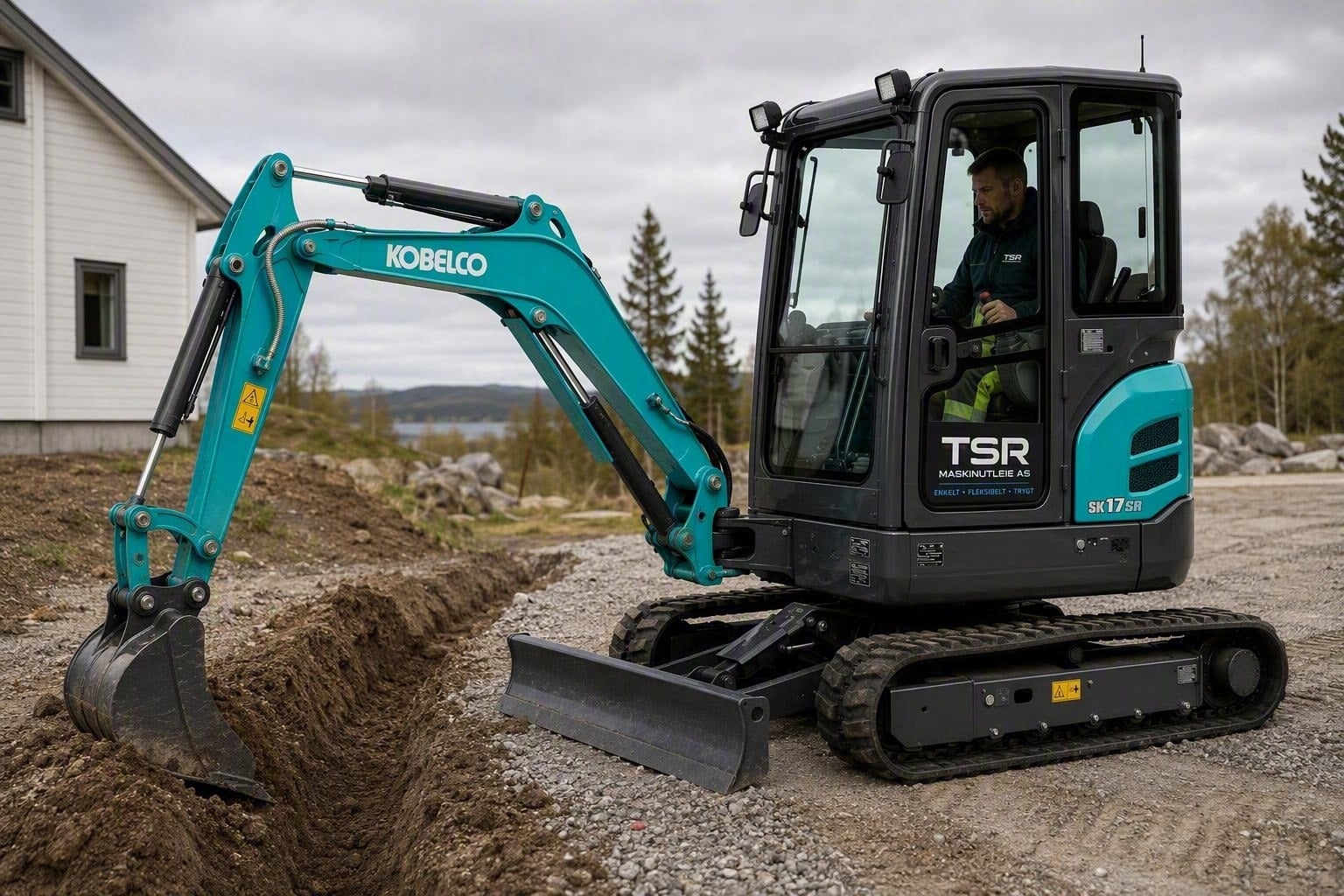 Kobelco SK17SR-3E minigraver i TSR Maskinutleie-drakt